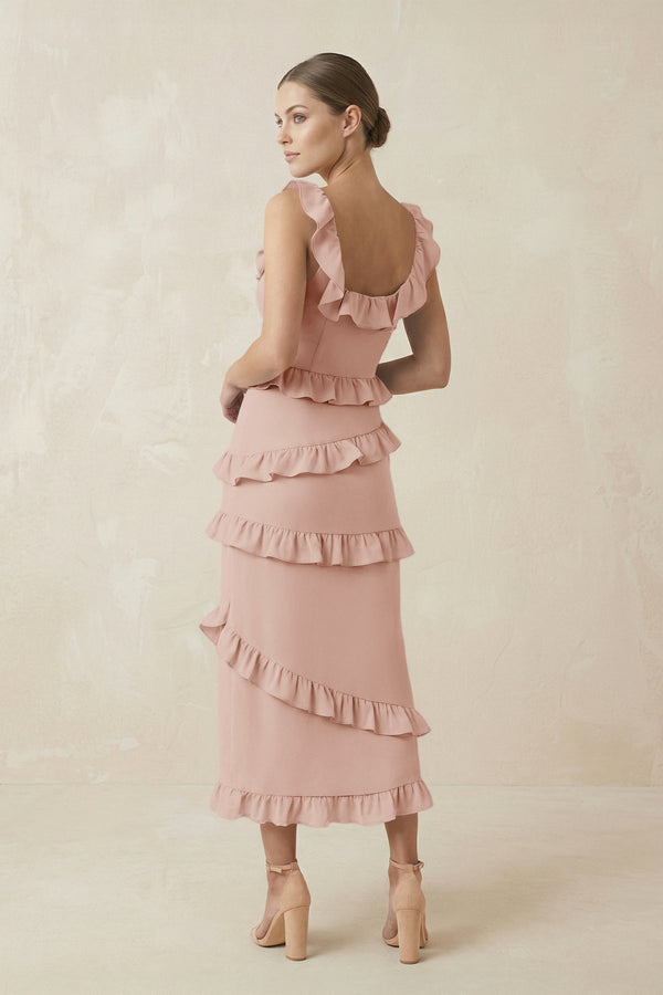 Square Neck Ruffled Sheath Satin Midi Bridesmaid Dress in Pale Blush - KissProm Bridesmaid Dresses