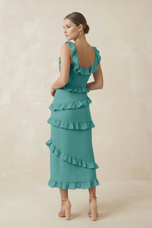 Square Neck Ruffled Sheath Satin Midi Bridesmaid Dress in Pale Pistachio - KissProm Bridesmaid Dresses