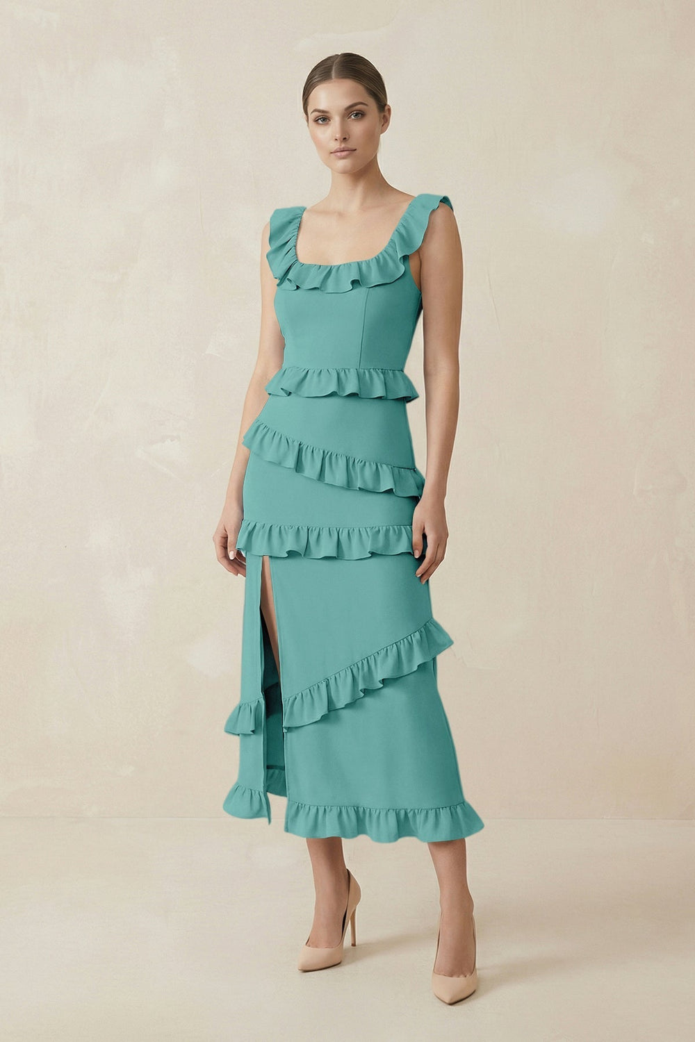 Square Neck Ruffled Sheath Satin Midi Bridesmaid Dress in Pale Pistachio - KissProm Bridesmaid Dresses