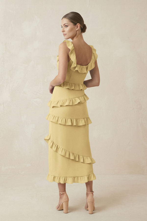 Square Neck Ruffled Sheath Satin Midi Bridesmaid Dress in Pastel Yellow - KissProm Bridesmaid Dresses