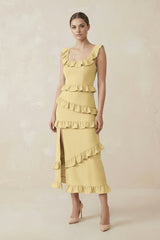 Square Neck Ruffled Sheath Satin Midi Bridesmaid Dress in Pastel Yellow - KissProm Bridesmaid Dresses