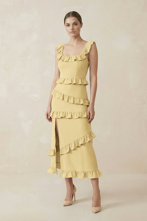 Square Neck Ruffled Sheath Satin Midi Bridesmaid Dress in Pastel Yellow - KissProm Bridesmaid Dresses