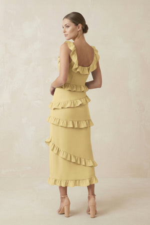 Square Neck Ruffled Sheath Satin Midi Bridesmaid Dress in Pastel Yellow - KissProm Bridesmaid Dresses