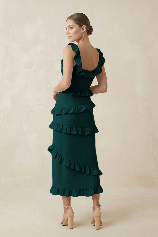 Square Neck Ruffled Sheath Satin Midi Bridesmaid Dress in Pine - KissProm Bridesmaid Dresses