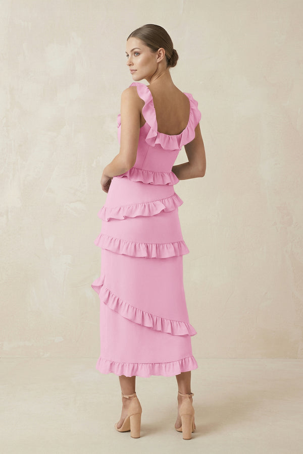 Square Neck Ruffled Sheath Satin Midi Bridesmaid Dress in Pink - KissProm Bridesmaid Dresses