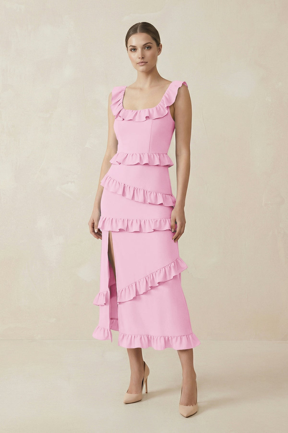 Square Neck Ruffled Sheath Satin Midi Bridesmaid Dress in Pink - KissProm Bridesmaid Dresses