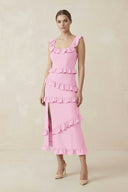 Square Neck Ruffled Sheath Satin Midi Bridesmaid Dress in Pink - KissProm Bridesmaid Dresses