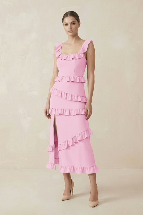 Square Neck Ruffled Sheath Satin Midi Bridesmaid Dress in Pink - KissProm Bridesmaid Dresses
