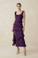 Square Neck Ruffled Sheath Satin Midi Bridesmaid Dress in Plum - KissProm Bridesmaid Dresses