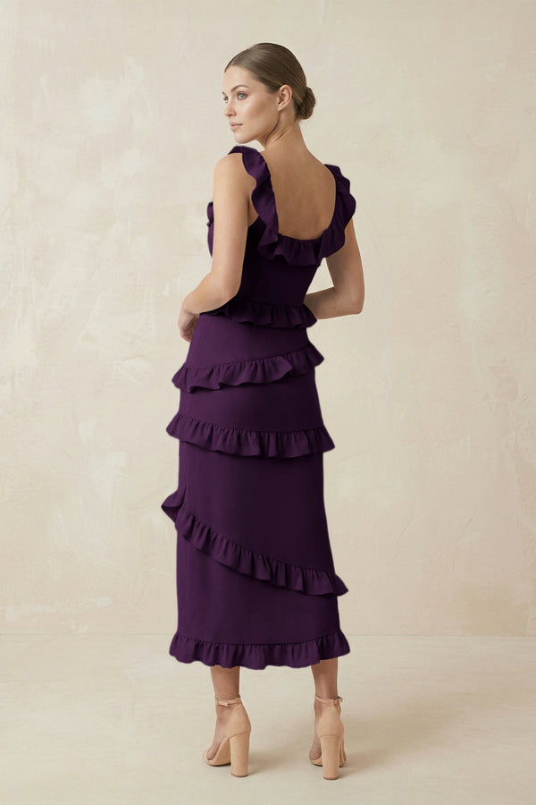 Square Neck Ruffled Sheath Satin Midi Bridesmaid Dress in Plum - KissProm Bridesmaid Dresses