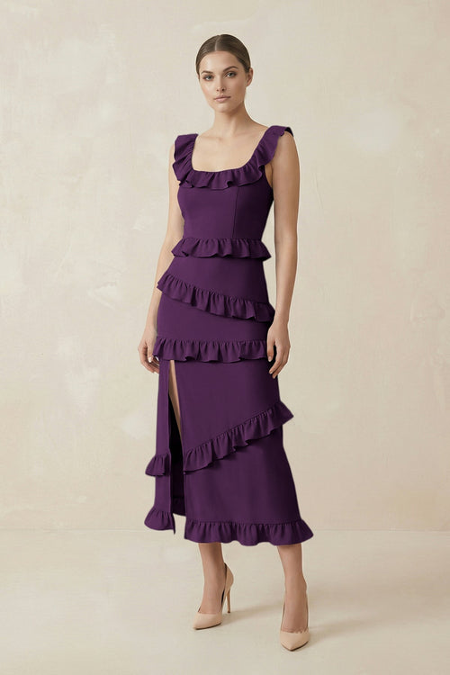 Square Neck Ruffled Sheath Satin Midi Bridesmaid Dress in Plum - KissProm Bridesmaid Dresses