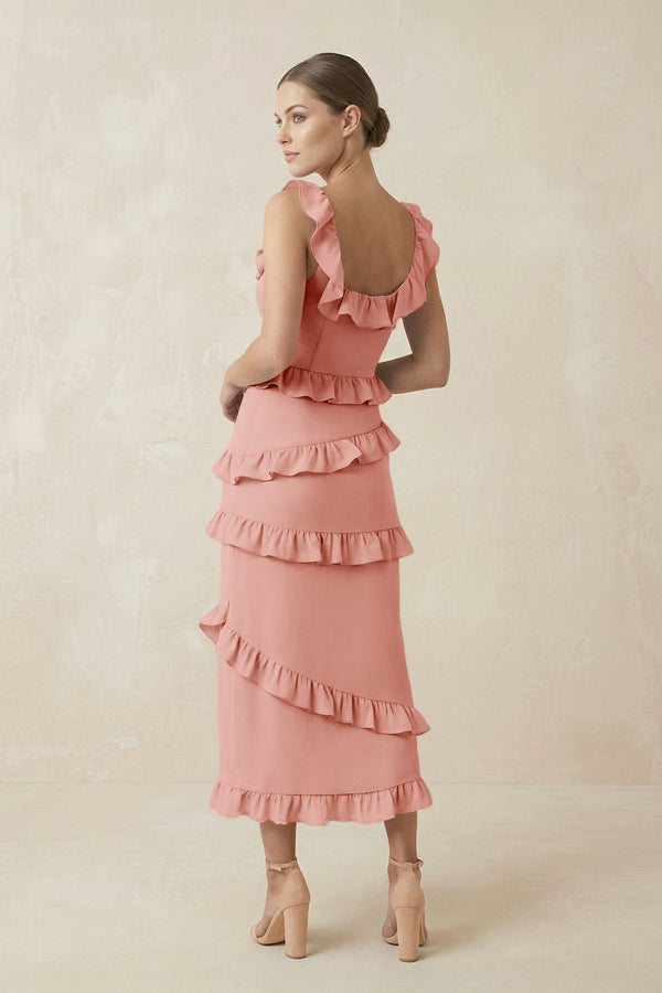 Square Neck Ruffled Sheath Satin Midi Bridesmaid Dress in Rose Petal - KissProm Bridesmaid Dresses