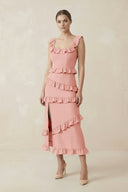 Square Neck Ruffled Sheath Satin Midi Bridesmaid Dress in Rose Petal - KissProm Bridesmaid Dresses