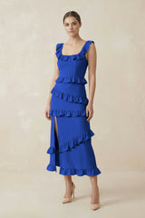 Square Neck Ruffled Sheath Satin Midi Bridesmaid Dress in Royal Blue - KissProm Bridesmaid Dresses