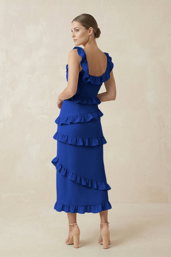 Square Neck Ruffled Sheath Satin Midi Bridesmaid Dress in Royal Blue - KissProm Bridesmaid Dresses