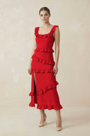 Square Neck Ruffled Sheath Satin Midi Bridesmaid Dress in Ruby Red - KissProm Bridesmaid Dresses