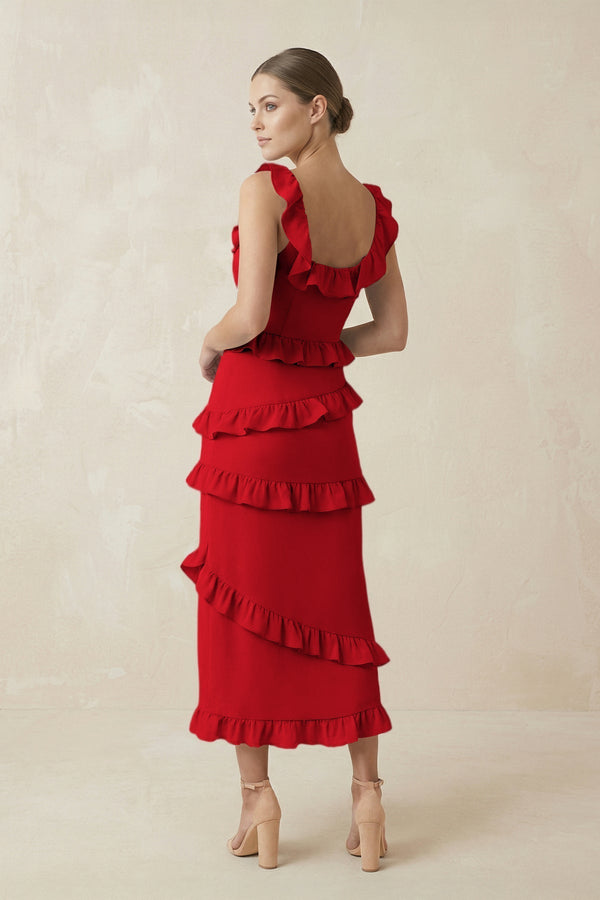 Square Neck Ruffled Sheath Satin Midi Bridesmaid Dress in Ruby Red - KissProm Bridesmaid Dresses