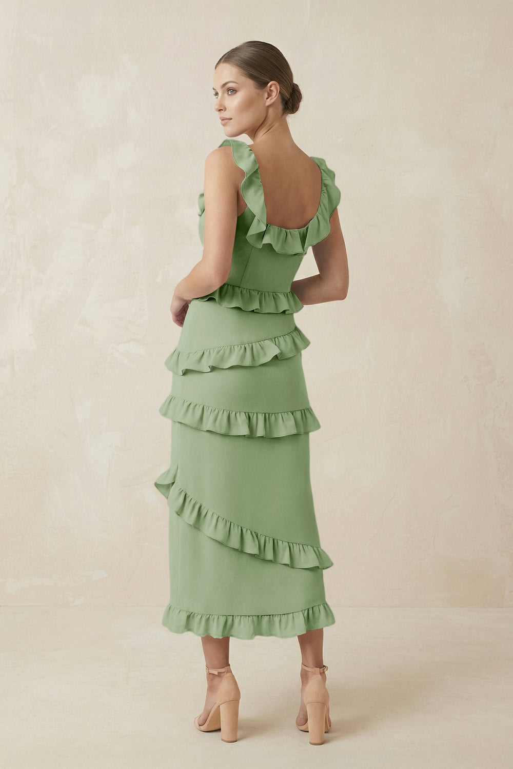 Square Neck Ruffled Sheath Satin Midi Bridesmaid Dress in Sage - KissProm Bridesmaid Dresses