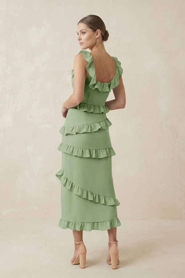 Square Neck Ruffled Sheath Satin Midi Bridesmaid Dress in Sage - KissProm Bridesmaid Dresses
