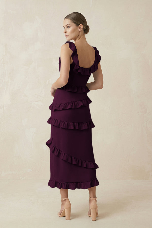 Square Neck Ruffled Sheath Satin Midi Bridesmaid Dress in Sangria - KissProm Bridesmaid Dresses