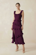 Square Neck Ruffled Sheath Satin Midi Bridesmaid Dress in Sangria - KissProm Bridesmaid Dresses