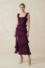 Square Neck Ruffled Sheath Satin Midi Bridesmaid Dress in Sangria - KissProm Bridesmaid Dresses