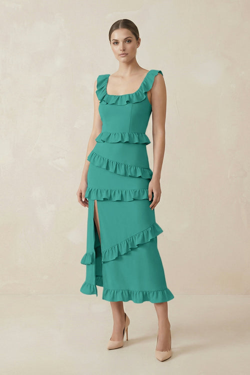 Square Neck Ruffled Sheath Satin Midi Bridesmaid Dress in Sea Glass - KissProm Bridesmaid Dresses