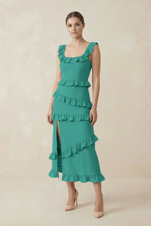 Square Neck Ruffled Sheath Satin Midi Bridesmaid Dress in Sea Glass - KissProm Bridesmaid Dresses