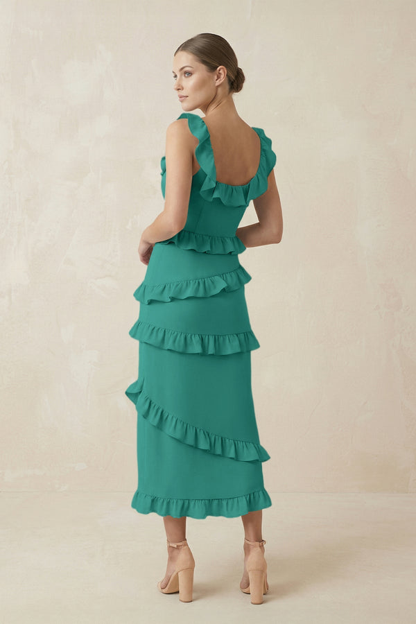 Square Neck Ruffled Sheath Satin Midi Bridesmaid Dress in Sea Glass - KissProm Bridesmaid Dresses
