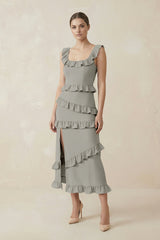 Square Neck Ruffled Sheath Satin Midi Bridesmaid Dress in Silver - KissProm Bridesmaid Dresses