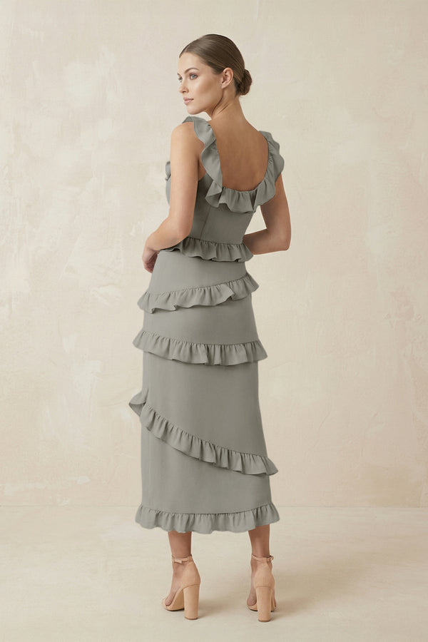 Square Neck Ruffled Sheath Satin Midi Bridesmaid Dress in Silver - KissProm Bridesmaid Dresses