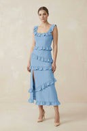 Square Neck Ruffled Sheath Satin Midi Bridesmaid Dress in Sky Blue - KissProm Bridesmaid Dresses