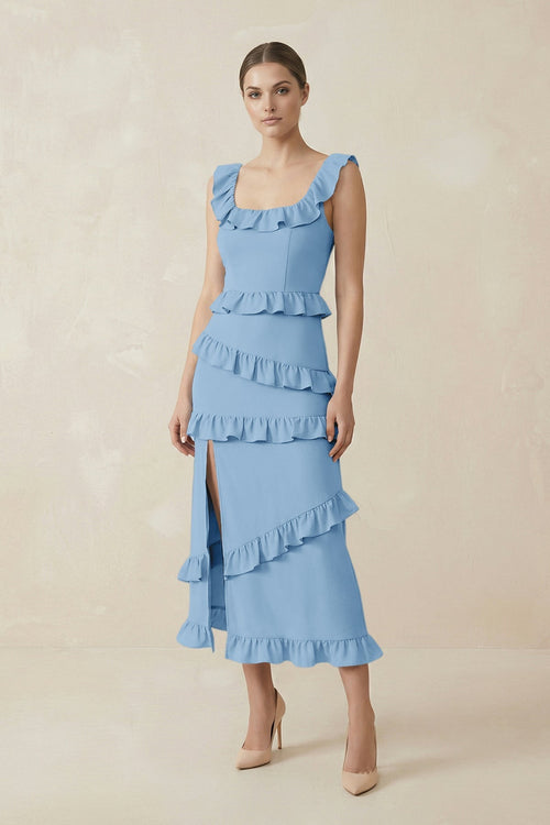 Square Neck Ruffled Sheath Satin Midi Bridesmaid Dress in Sky Blue - KissProm Bridesmaid Dresses