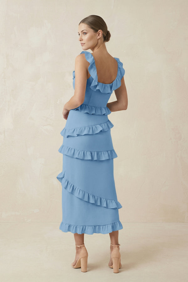 Square Neck Ruffled Sheath Satin Midi Bridesmaid Dress in Sky Blue - KissProm Bridesmaid Dresses