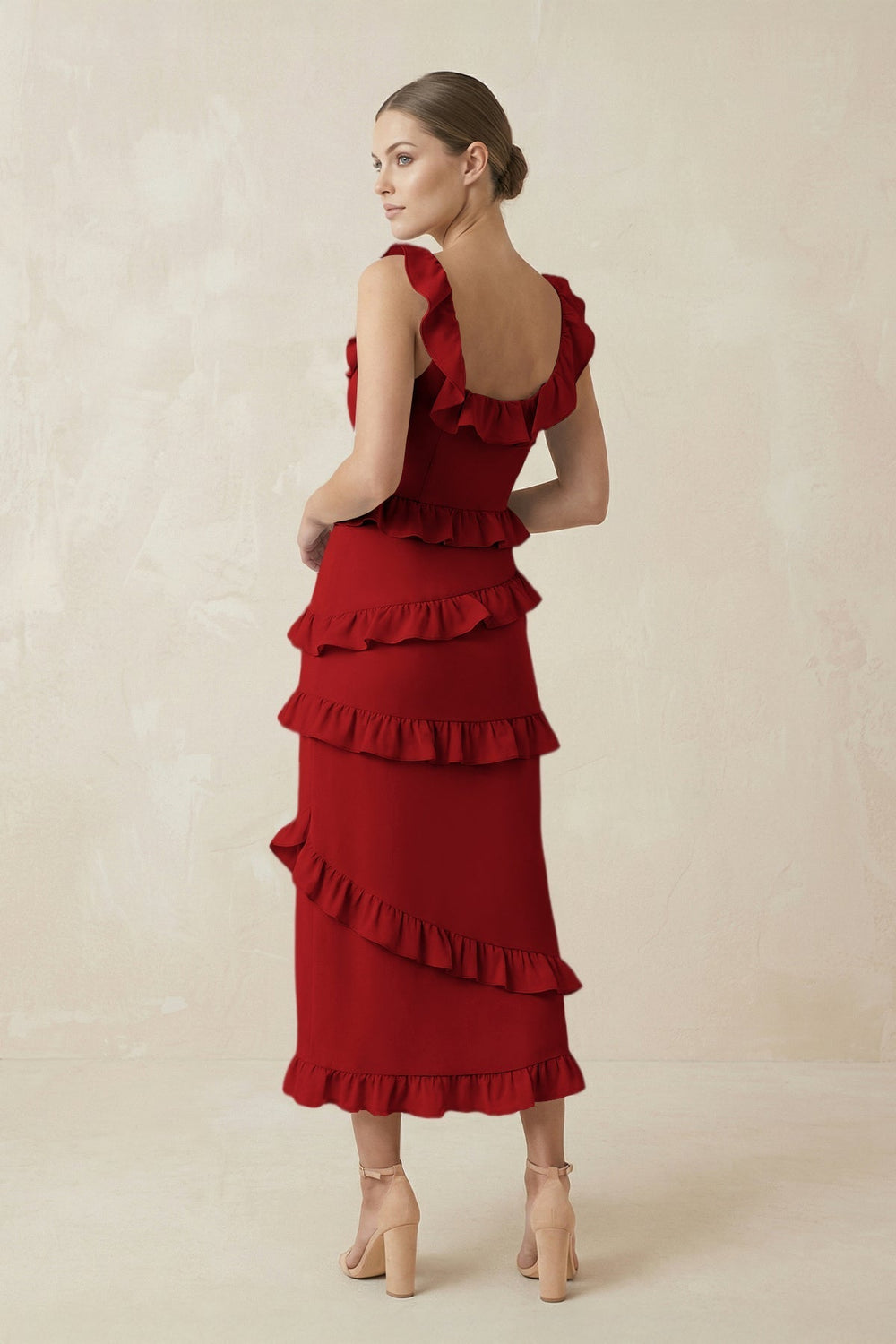 Square Neck Ruffled Sheath Satin Midi Bridesmaid Dress in Spice - KissProm Bridesmaid Dresses