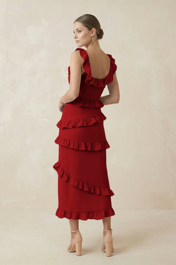 Square Neck Ruffled Sheath Satin Midi Bridesmaid Dress in Spice - KissProm Bridesmaid Dresses