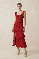 Square Neck Ruffled Sheath Satin Midi Bridesmaid Dress in Spice - KissProm Bridesmaid Dresses
