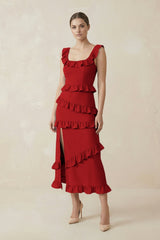 Square Neck Ruffled Sheath Satin Midi Bridesmaid Dress in Spice - KissProm Bridesmaid Dresses
