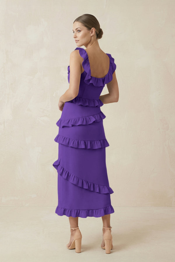 Square Neck Ruffled Sheath Satin Midi Bridesmaid Dress in Tahiti - KissProm Bridesmaid Dresses