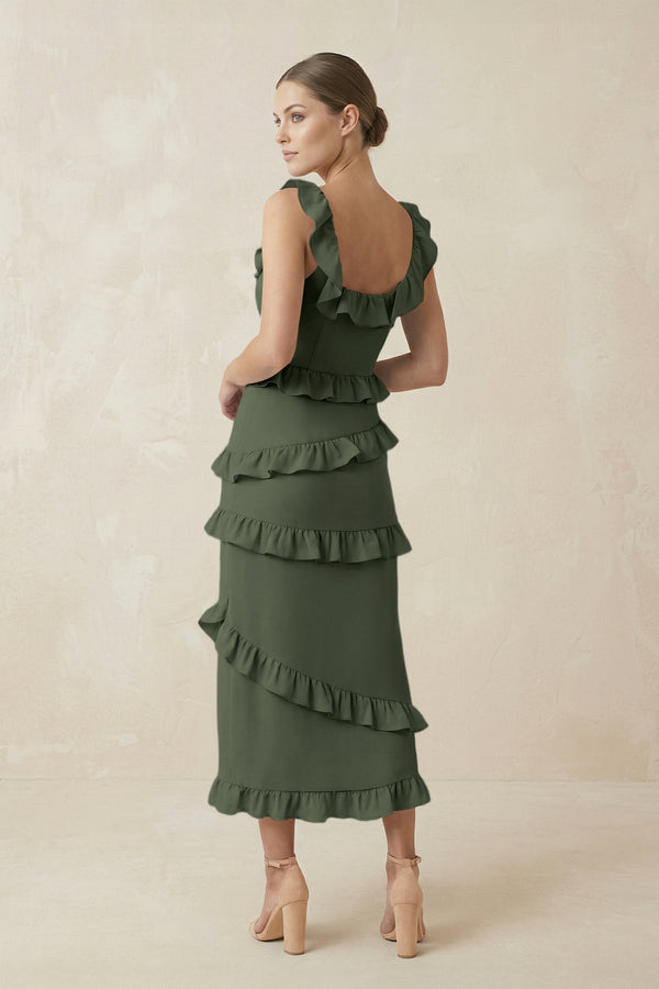 Square Neck Ruffled Sheath Satin Midi Bridesmaid Dress in Thyme - KissProm Bridesmaid Dresses