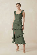 Square Neck Ruffled Sheath Satin Midi Bridesmaid Dress in Thyme - KissProm Bridesmaid Dresses