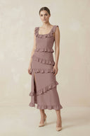 Square Neck Ruffled Sheath Satin Midi Bridesmaid Dress in Toffee - KissProm Bridesmaid Dresses