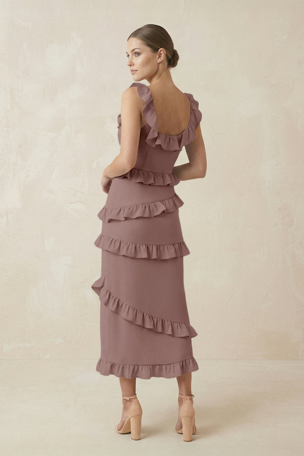 Square Neck Ruffled Sheath Satin Midi Bridesmaid Dress in Toffee - KissProm Bridesmaid Dresses