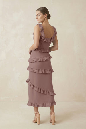 Square Neck Ruffled Sheath Satin Midi Bridesmaid Dress in Toffee - KissProm Bridesmaid Dresses