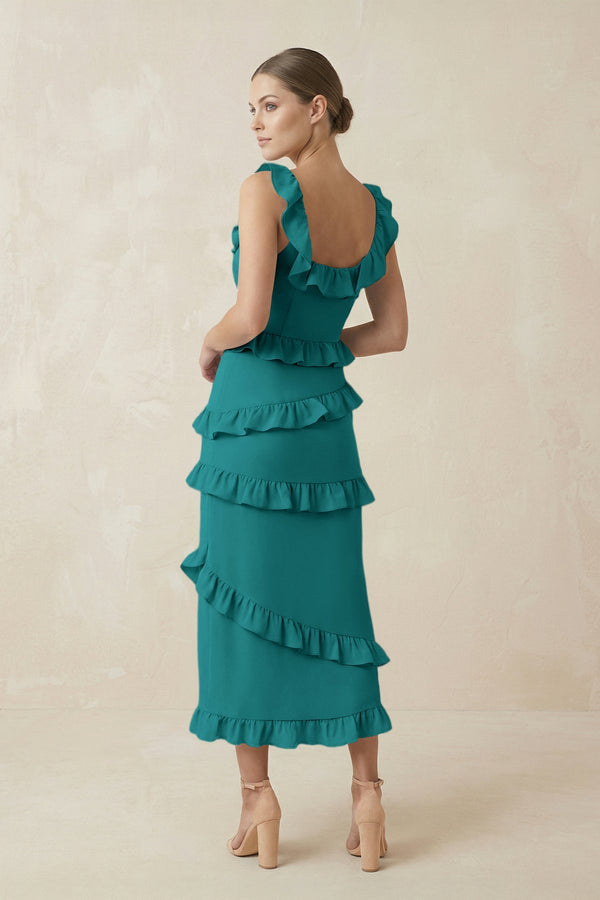 Square Neck Ruffled Sheath Satin Midi Bridesmaid Dress in Turquoise - KissProm Bridesmaid Dresses