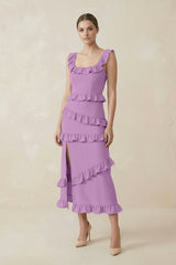 Square Neck Ruffled Sheath Satin Midi Bridesmaid Dress in Vintage Mauve - KissProm Bridesmaid Dresses