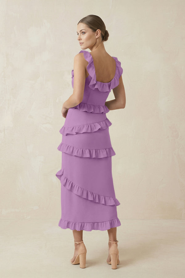 Square Neck Ruffled Sheath Satin Midi Bridesmaid Dress in Vintage Mauve - KissProm Bridesmaid Dresses