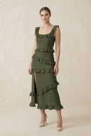 Square Neck Ruffled Sheath Satin Midi Bridesmaid Dress in Willow Green - KissProm Bridesmaid Dresses
