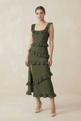 Square Neck Ruffled Sheath Satin Midi Bridesmaid Dress in Willow Green - KissProm Bridesmaid Dresses