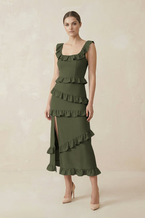 Square Neck Ruffled Sheath Satin Midi Bridesmaid Dress in Willow Green - KissProm Bridesmaid Dresses